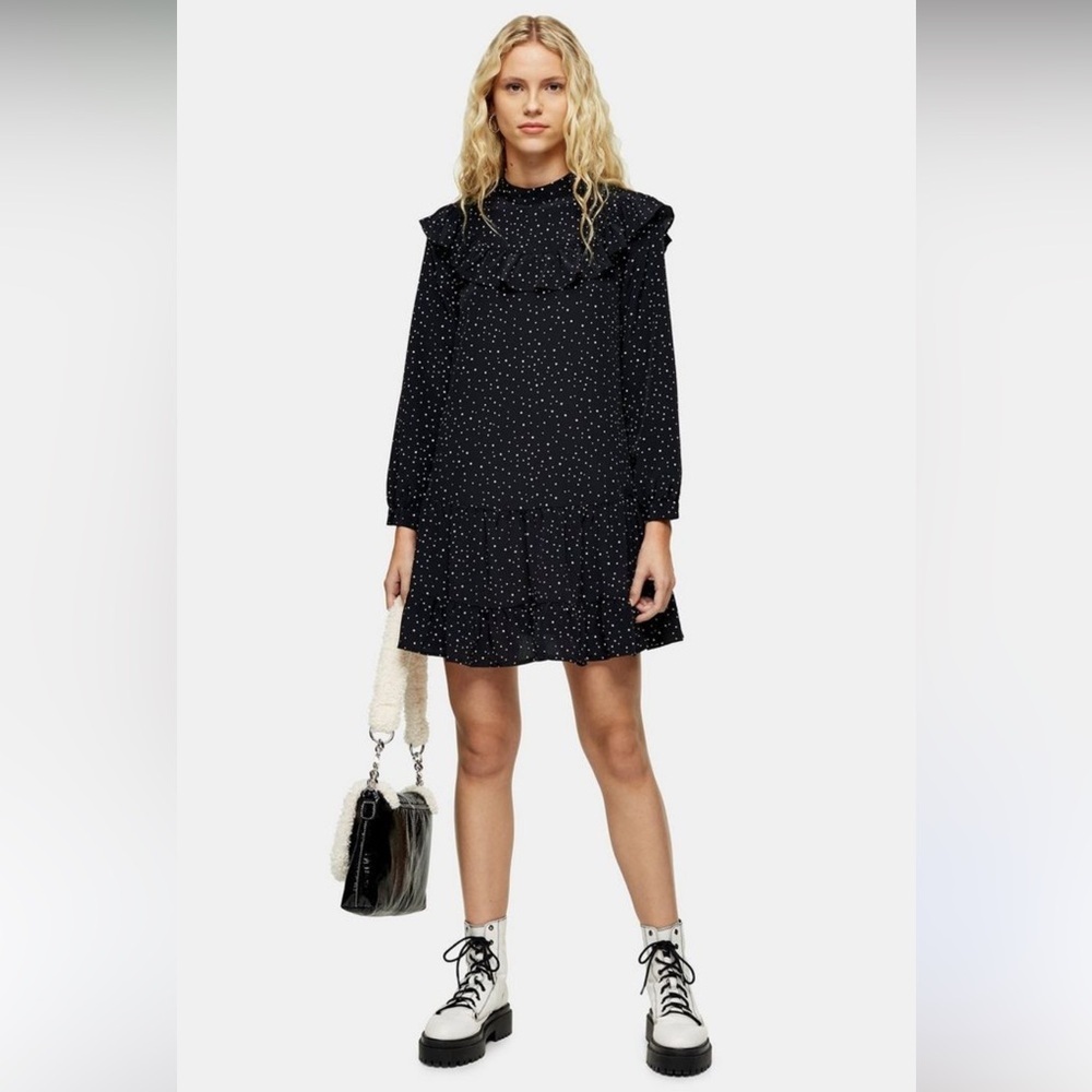 Topshop polka dot‎ ruffle high neck yoke long sleeve dress size 6 black white